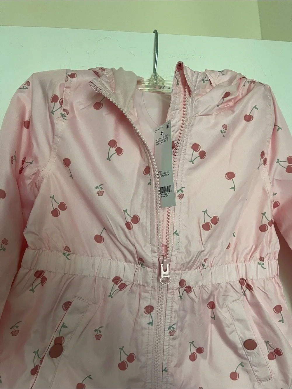 Pink Cherry-Print Hooded Girls' wind breaker jacket/ rain jacket
